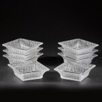 Eight Lalique 'Roses' pattern square bowls, late 20th century