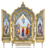 A SILVER-GILT CLOISONNÉ AND PICTORIAL ENAMEL TRIPTYCH ICON, KHLEBNIKOV, MOSCOW, 1899-1908