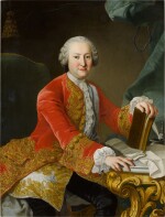 Portrait of a nobleman, wearing a red jacket and a white waistcoat and cravat beside a marble table, his hand resting on a book