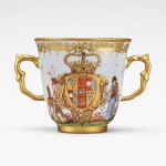 An extremely rare Meissen armorial two-handled beaker from the service made for Elizabeth Farnese, Queen of Spain, Circa 1737 