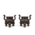 A rare pair of bronze 'dragon' tripod censers, Marks and period of Qianlong | 清乾隆 銅雲龍戲珠紋朝冠耳三足爐一對