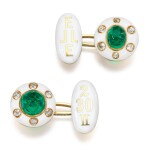 Pair of emerald, enamel and diamond cufflinks, early 20th century