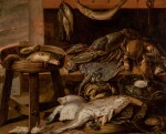 FLEMISH SCHOOL, 17TH CENTURY | Still life of fish and crustaceans piled on a table, a seascape vignette beyond