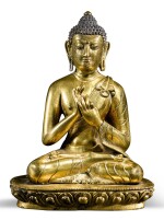 A GILT COPPER-ALLOY FIGURE OF A DHARMACHAKRA BUDDHA TIBET OR NEPAL, 18TH/19TH CENTURY | 十八/十九世紀 尼泊爾或西藏 鎏金銅佛坐像