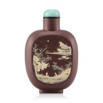 An Yixing Slip-Decorated 'Landscape' Snuff Bottle Qing Dynasty, 19th Century | 清十九世紀 宜興紫砂堆料加彩山水人物圖鼻煙壺