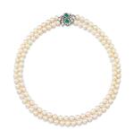 CULTURED PEARL, EMERALD AND DIAMOND NECKLACE