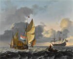 A view of the Texel, with two fishermen hauling in their nets, a yacht of the admiralty of Amsterdam and a man-o'-war beyond
