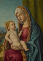 Madonna and Child before a green curtain and a landscape