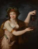 Emma Hamilton as a Bacchante, wearing classical dress, pouring from a Greek vase