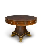 A Regency parcel-gilt rosewood and marquetry library drum table, circa 1815