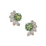 A Pair of Emerald and Diamond Earclips