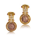 'Monete' Pair of Gold, Ancient Coin, Diamond and Ruby Pendent Earrings | 寶格麗 | 'Monete' K金 及 古錢幣 配 鑽石 及 紅寶石 耳墜一對