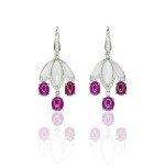 Pair of ruby, moonstone and diamond pendent earrings, Michele della Valle