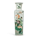 A famille-verte 'bird and flower' square vase, Qing dynasty, Kangxi period | 清康熙 五彩開光花鳥圖方瓶