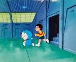 Doraemon and Nobita Running Forward Animation Cel and Hand-painted Original Background | 哆啦A夢和大雄向前奔跑賽璐璐，附手繪原裝背景