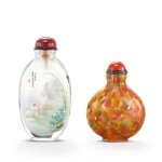 An inside-painted glass 'cats' snuff bottle by Cao Miao, Dated dingsi year (1977), and a 'sandwich' glass snuff bottle, Qing dynasty, 18th - 19th century 丁巳年（1977年） 曹秒作玻璃內畫耄耋紋鼻煙壺 及 清十八至十九世紀 攪料鼻煙壺