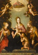 Madonna and Child with the infant Saint John the Baptist, Saint Catherine of Alexandria, another female martyr saint, and God the Father