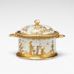 A Meissen two-handled circular box and cover, the porcelain Circa 1720-25, the decoration slightly later