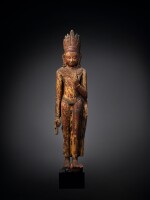 A Monumental Lacquered and Polychrome Wood Figure of Buddha, Burma, Pagan, circa 13th Century