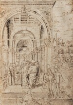 Religious scene with a young cleric and other figures under a classical portico, a beggar and his dog in the foreground