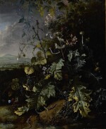 MATTHIAS WITHOOS | FOREST FLOOR STILL LIFE WITH VARIOUS FLOWERS, BUTTERFLIES, AND LIZARDS, ALL BEFORE A LANDSCAPE