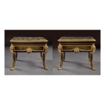 A PAIR OF LOUIS XIV GILT BRONZE-MOUNTED EBONY AND BRASS AND TORTOISESHELL PREMIERE PARTIE MARQUETRY TABLES EN HUCHE ATTRIBUTED TO ANDRE-CHARLES BOULLE, CIRCA 1700, PROBABLY ADAPTED FROM A BUREAU PLAT IN THE MID-18TH CENTURY