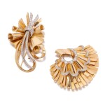 Two Gold and Diamond Clip-Brooches, One Signed Boucheron, Paris