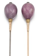 Two Fabergé gold-mounted guilloché enamel hat pins, workmaster August Hollming, St Petersburg, circa 1890