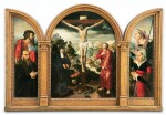 ATTRIBUTED TO PIETER CLAEISSENS THE ELDER (1500-1576) AND NORTH NETHERLANDS SCHOOL, CIRCA 1550 | A PORTABLE TRIPTYCH: THE CRUCIFIXION (CENTRAL PANEL); DONATOR WITH ST JOHN THE BAPTIST (LEFT WING); DONATOR WITH ST MARGUERITE OF ANTIOCHE (RIGHT WING)