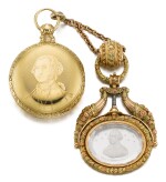 JACOB FOGLE | A GOLD PAIR CASED WATCH WITH STOP SLIDE AND VARI-COLOUR GOLD AND ROCK CRYSTAL CHATELAINE, THE CASE AND CHATELAINE WITH PORTRAIT BUSTS OF GEORGE WASHINGTON CIRCA 1840 [ 黃金懷錶備停秒滑桿、配多色黃金鑲水晶腰鏈，錶殼及腰鏈飾喬治華盛頓頭像，年份約1840]