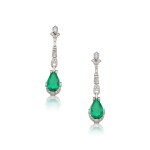 Pair of Emerald and Diamond Pendant-Earrings