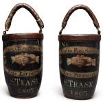 VERY FINE AND RARE PAIR OF SAMUEL TRASK UNION FIRE SOCIETY LEATHER PAINT-DECORATED FIRE BUCKETS, SIGNED BY MAKER AARON FITZ, PORTLAND, MAINE, 1803
