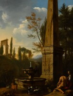 GERRIT JANSZ. VAN BRONCKHORST | A classical landscape with a woman and shepherd sitting next to an obelisk and fountain 
