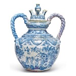 A DUTCH DELFT BLUE AND WHITE VERY LARGE SERPENT-HANDLED TULIPIERE SECTION AND COVER, CIRCA 1690