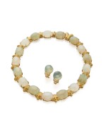GOLD AND MOONSTONE NECKLACE AND PAIR OF MOONSTONE AND DIAMOND EARCLIPS, HENRY DUNAY