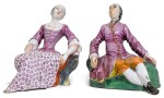  A PAIR OF DUTCH DELFT SEATED FIGURES OF A LADY AND GENTLEMAN, CIRCA 1765