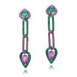 Pair of burnished gold, pink sapphire and emerald earrings, 'Entrelac' 