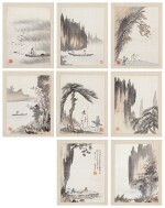 Landscapes and figures, ink and color on silk, album of eight leaves | 溥儒 1896-1963 山居圖 設色絹本 八開冊