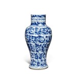 A blue and white 'landscape' baluster vase, Qing dynasty, Kangxi period | 清康熙 青花開光山水圖瓶