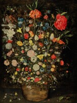 Still life with a large bouquet of flowers in a wooden bucket, including a crown imperial lily, roses, tulips and other flowers, with butterflies, insects and berries on the shelf beneath |《靜物畫：木盆裡的大束鮮花，包括一朵冠花貝母、玫瑰、鬱金香，盆架上有蝴蝶、昆蟲、莓果》
