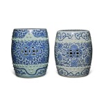 Two blue and white barrel-form garden stools, 19th / 20th century