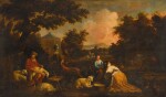Figures shearing sheep and milking goats in a landscape