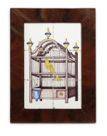 A Dutch Delft polychrome birdcage tile picture, late 18th century | Plaque de six carreaux en faïence de Delft représentant une cage à oiseaux, fin du XVIIIe siècle