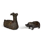 A bronze water dropper in the form of a mythical beast and an inscribed and silver-inlaid bronze figure of a crouching mythical beast Ming dynasty or earlier | 明或更早 銅瑞獸形水注 及 銅錯銀瑞獸 一組兩件