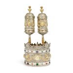 A Parcel-Gilt Silver and Gem-Set Torah Crown and Matching Torah Finials, probably Italian, early 20th century