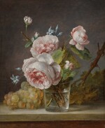 Still life of roses in a glass vase, with grapes beside