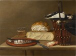 Still life with a herring, cheese, crab and songbirds