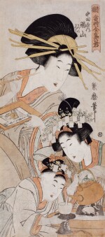 Kitagawa Tsukimaro (Kikumaro, active circa 1794-1836) | The courtesan Katsuyama of the Nakataya house and two kamuro (Nakataya uchi Katsuyama) | Edo period, 19th century