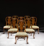 A set of eight George II carved walnut and burr walnut veneered side chairs, circa 1730-40, attributed to Giles Grendey