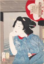Tsukioka Yoshitoshi (1839-1892) | Looking Cool: The Appearance of a Geisha of the 5th or 6th Year of the Meiji Era [1872 or 1873] (Suzushiso, Meiji goroku nen irai geigi no fuzoku) | Meiji period, late 19th century 